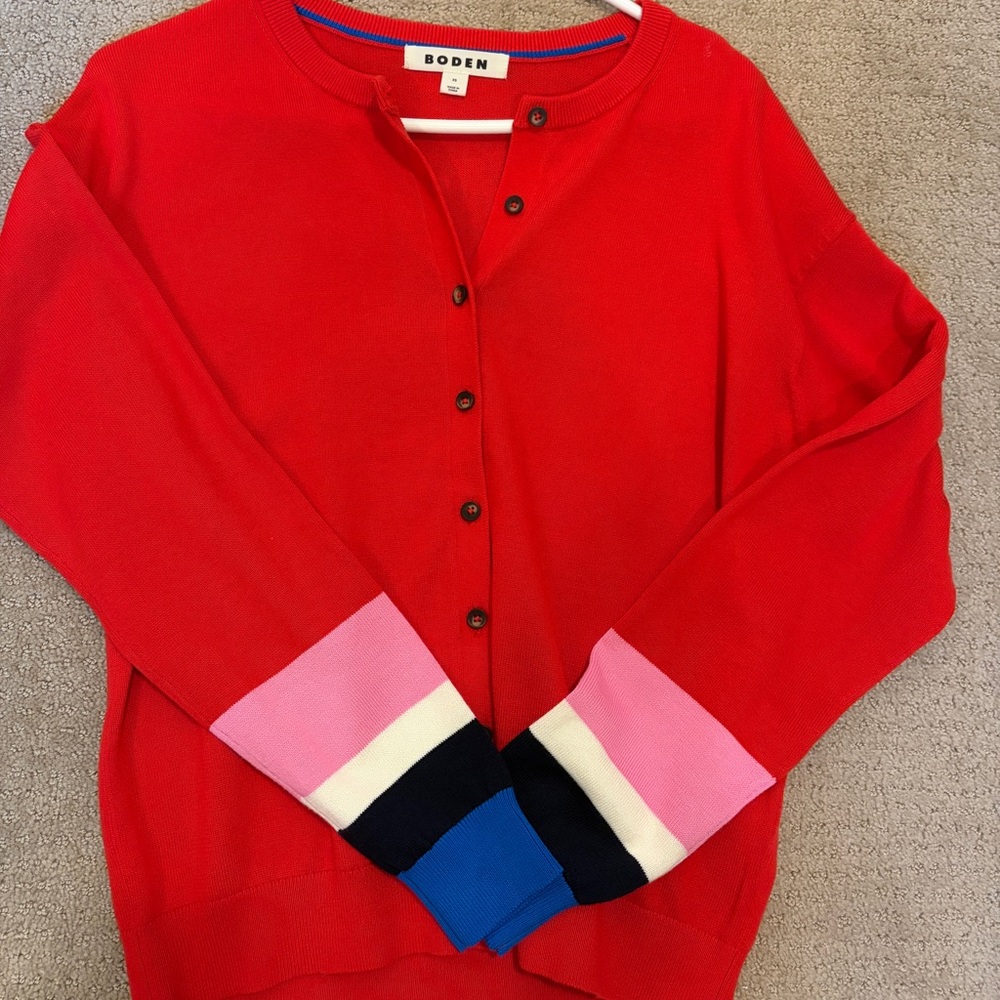 Boden Women's Red Cardigan with Colorful Cuffs- never worn